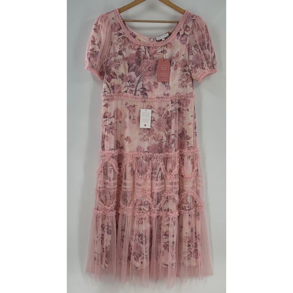 Ivy City Co Pink Floral Tulle Midi Dress XL NWT Ruffle Tiered Puff Sleeve Rose